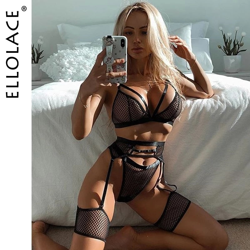 Ellolace Lingerie Women&#39;s Underwear Set Mesh Lace Transparent Bra Sexy Lingerie Set 3 Piece Set Sexy Erotic Lingerie Set