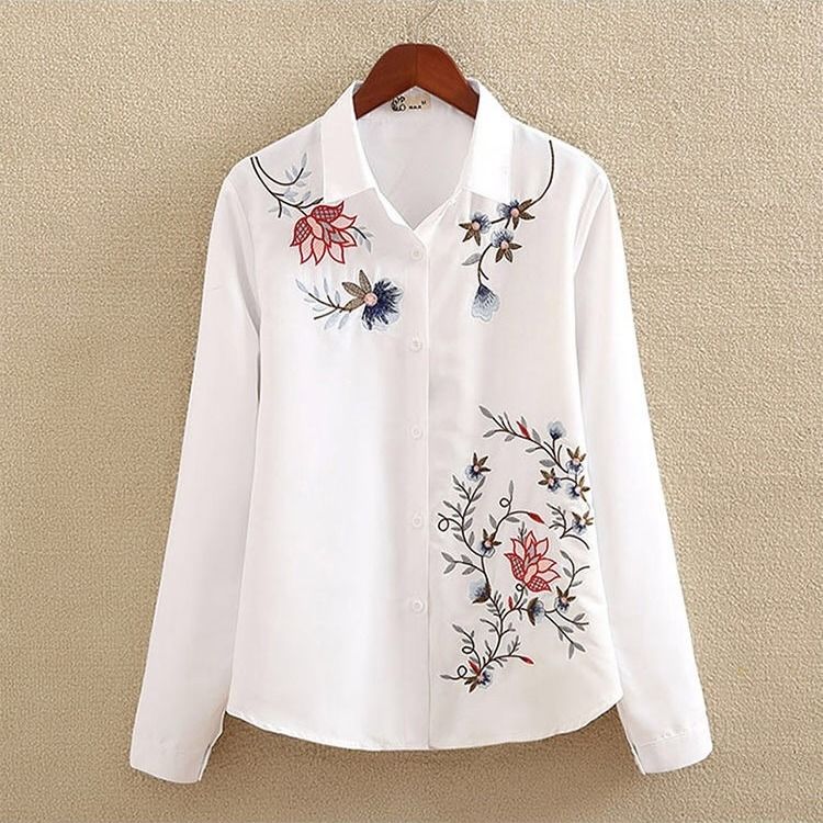 Plus size Women Clothing White Shirt Long sleeve Vintage Flower Embroidered Blouse Ladies Button Up Shirts Tops Casual 4XL 5XL