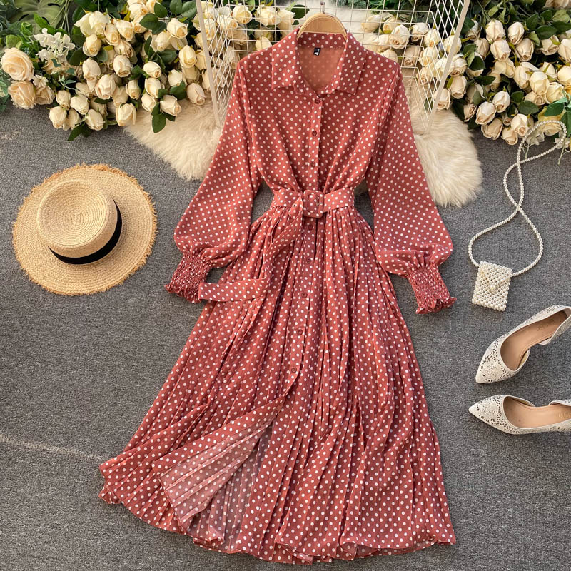 Spring And Summer French Vintage Maxi Dress 2021 Sundress Ladies Long Sleeve Orange Polka Dot Chiffon Pleated Dresses Femme Robe