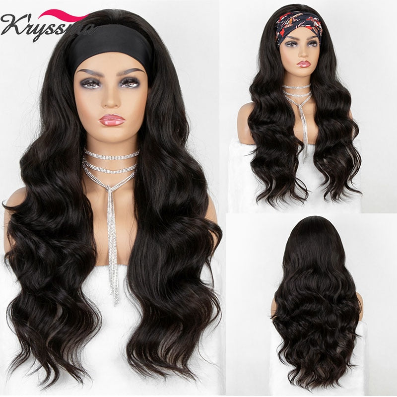 kryssma Long Wavy Headband Wig for Black Women None Replacement Body Wave Synthetic Headwraps Hair Wig 2020 New Fashion