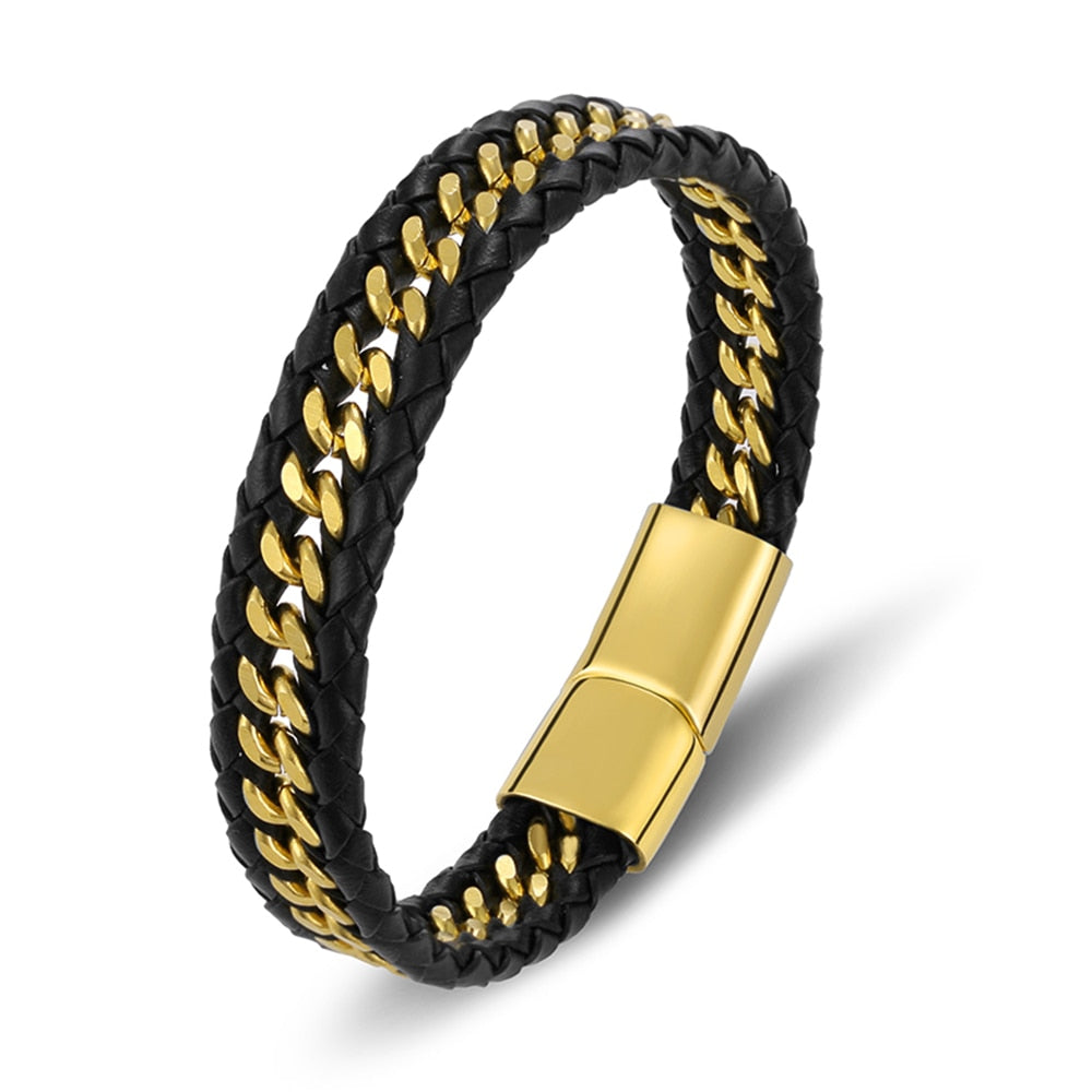 Gold Bracelet Men Genuine Leather Braided Rope Woven Fashion Trendy Charm  Stainless Steel Magnet  Bangles Jewelry Accessories