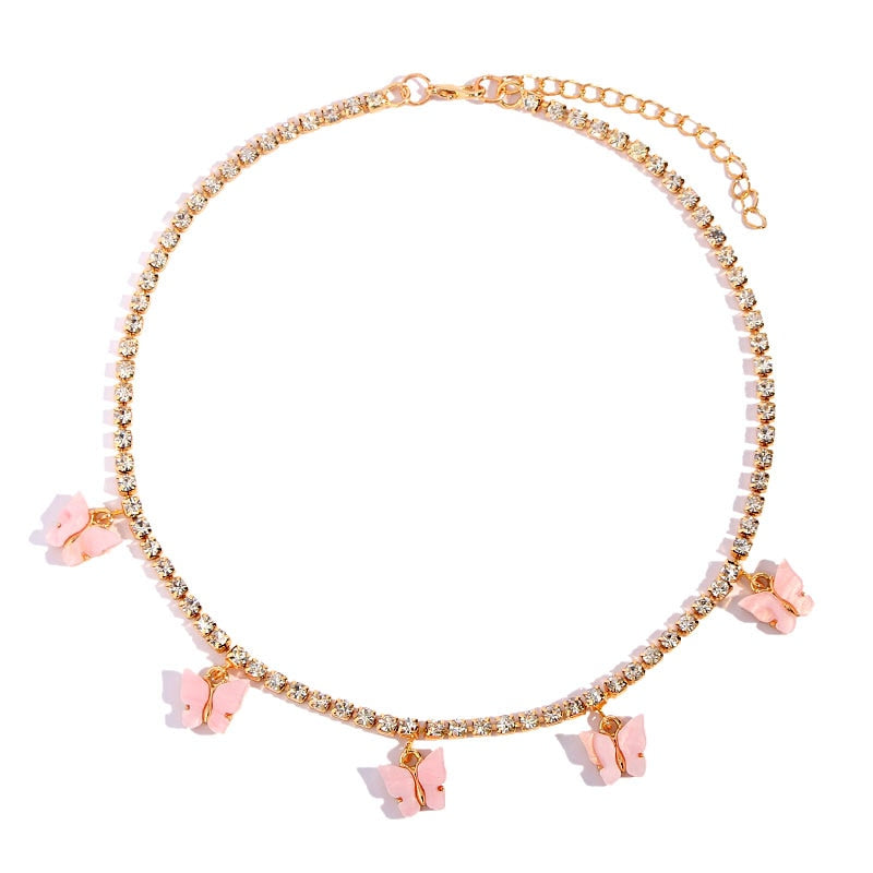 Iced Out Crystal Ankh Cross Pendant Tennis Necklace For Women Shining Butterfly Rhinestone Clavicle Chain Choker 2021 New Jewely