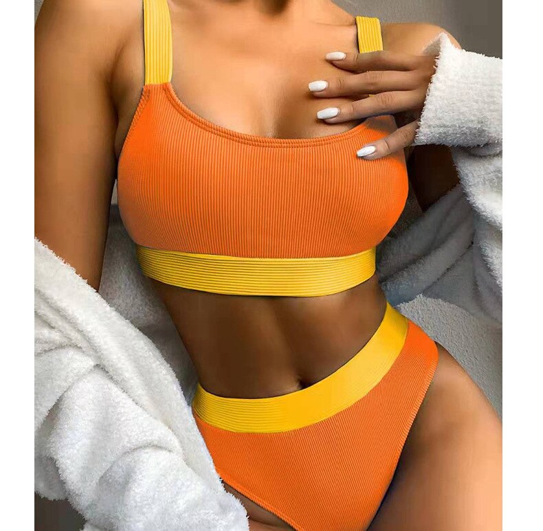 High Waist Bikinis 2021 Swimsuits Bandeau Swimwear Women Splicing Biquini Beachwear Sports Ribbed Bathing Suits New 238