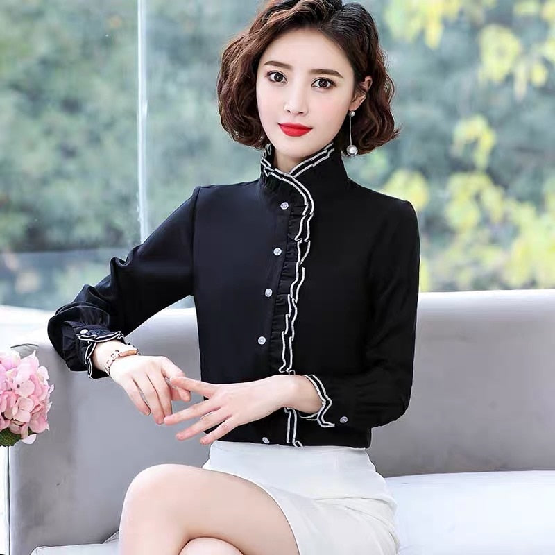 Spring Autumn 2020 Women Fungus Chiffon Long Sleeved Shirt Female Pleated Bottoming Tops &amp; Blouses Plus Size 4XL