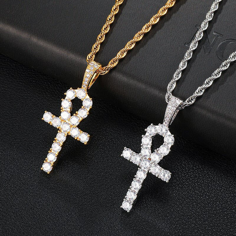 D&Z White Gold Ankh Pendant Iced Out CZ Stones Mens Micro Paved AAA CZ Hip Hop Gold Silver Color Charm Chains Jewelry Gift