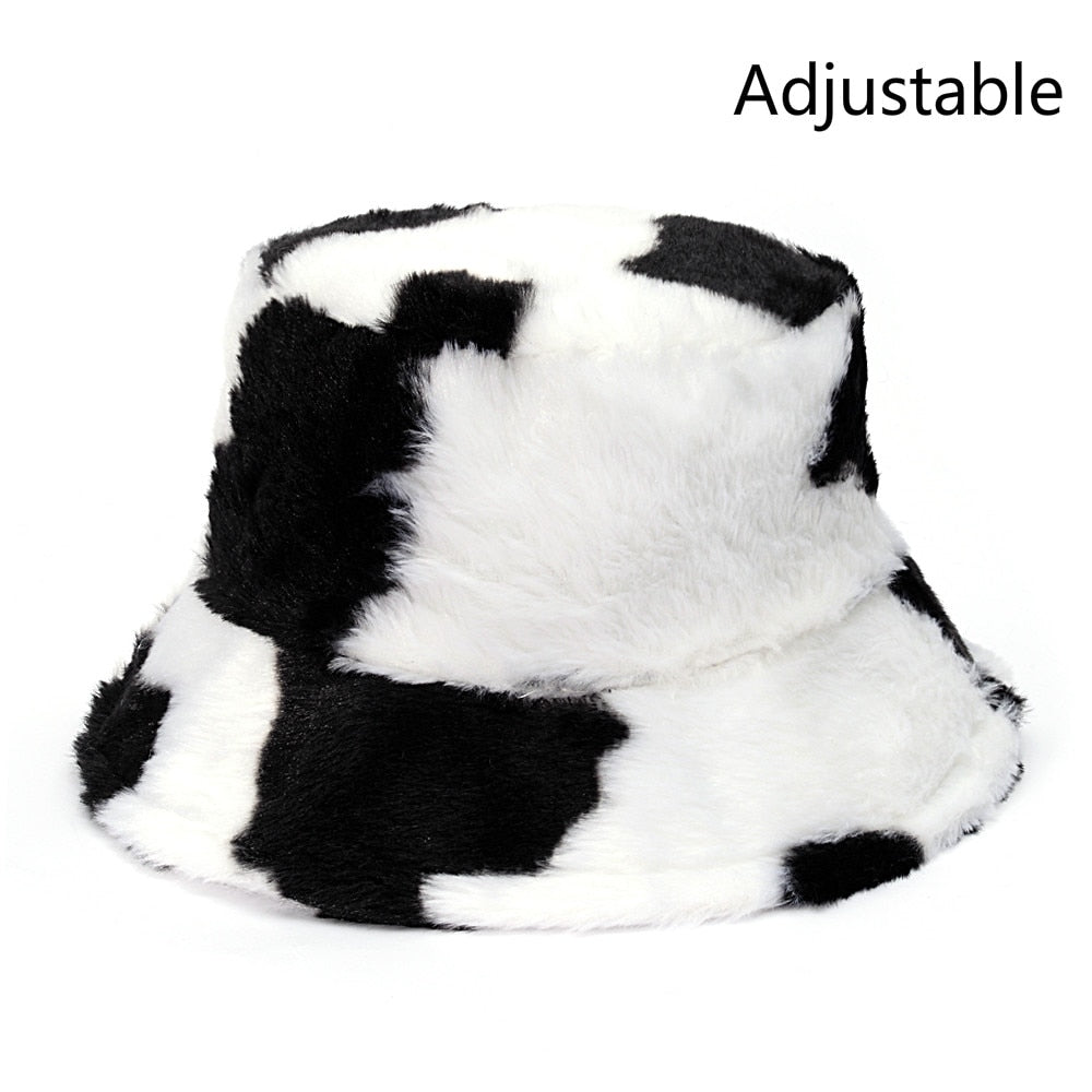 Winter Cow Leopard Faux Fur Fluffy Bucket Hats Women Outdoor Warm Sun Hat Soft Velvet Furry Fisherman Cap Girl Fashion Panama