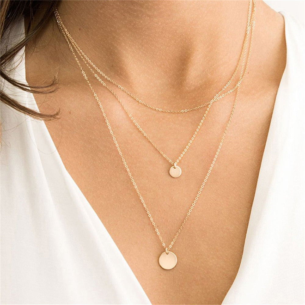 Fashion Multilevel Gold Simple Geometric Rectangle Round Sequin Pendant Necklace For Women Female Chain Collar Jewely Gift