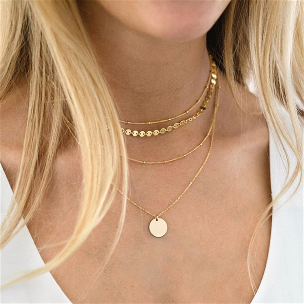 Fashion Multilevel Gold Simple Geometric Rectangle Round Sequin Pendant Necklace For Women Female Chain Collar Jewely Gift
