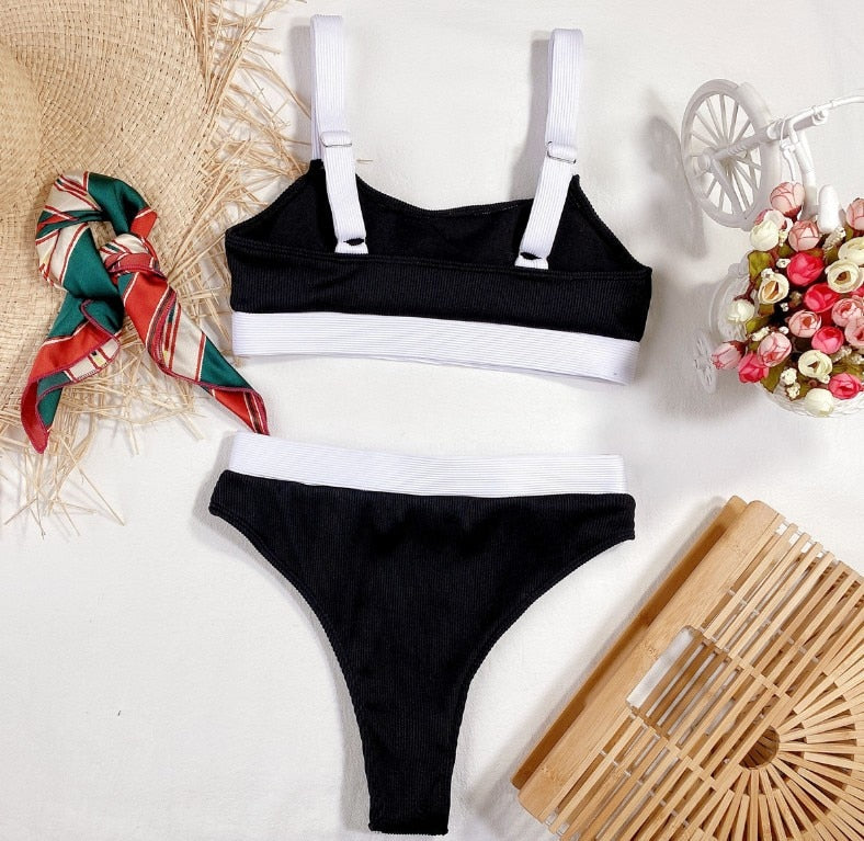High Waist Bikinis 2021 Swimsuits Bandeau Swimwear Women Splicing Biquini Beachwear Sports Ribbed Bathing Suits New 238