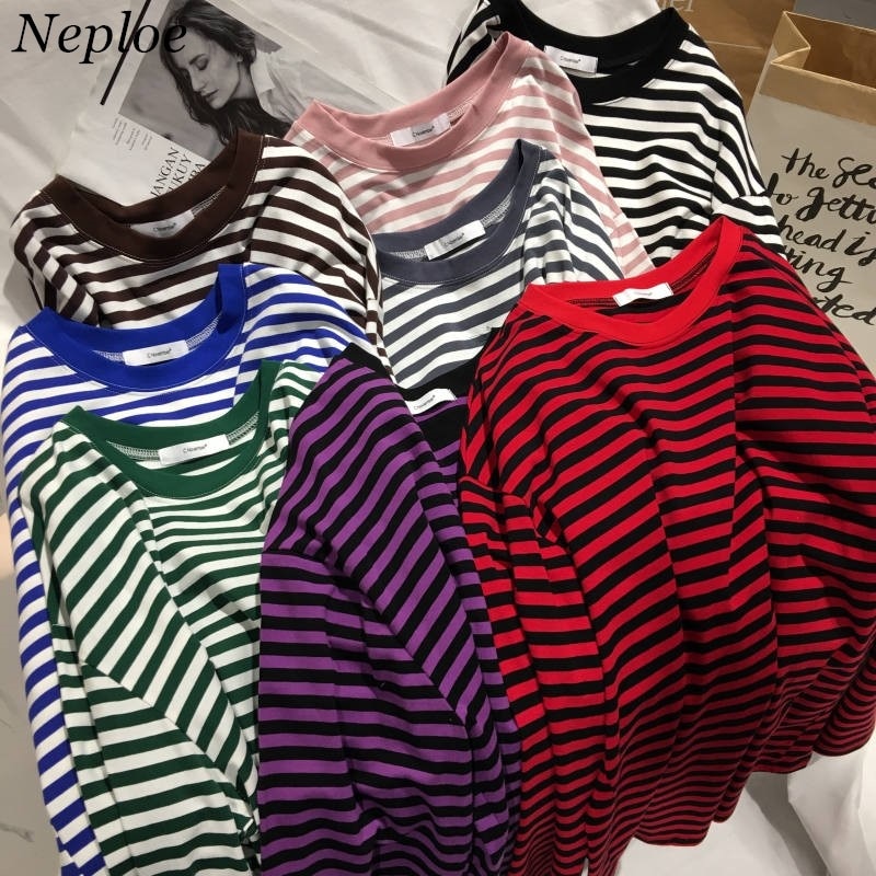 Neploe 2022 Autumn Striped Sweaters Medium-long Causal Pullovers Thin O-neck Top Korean Streetwear Plus Size Women Clothes