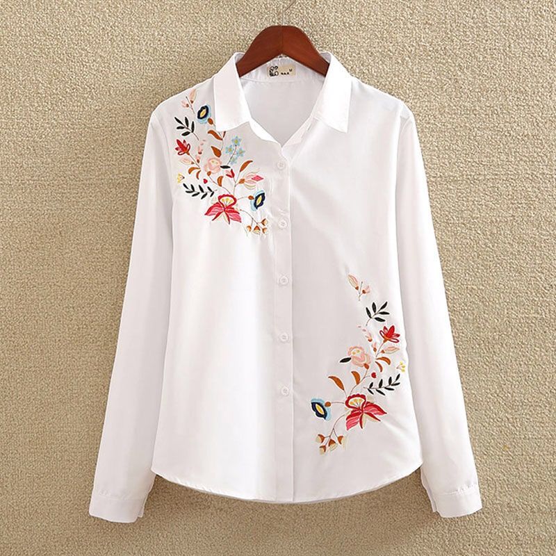 Plus size Women Clothing White Shirt Long sleeve Vintage Flower Embroidered Blouse Ladies Button Up Shirts Tops Casual 4XL 5XL