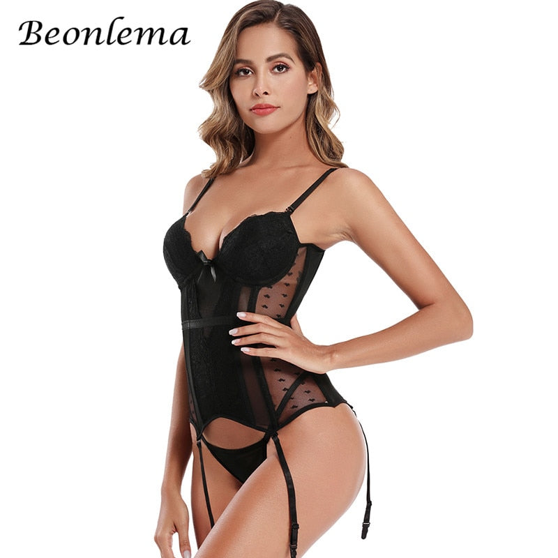 Beonlema Women Plus Size Sexy Lingerie Red Corset Bustiers Erotic Lace Underwear Mesh Bodice Tops Blue Black Corsage S-6XL