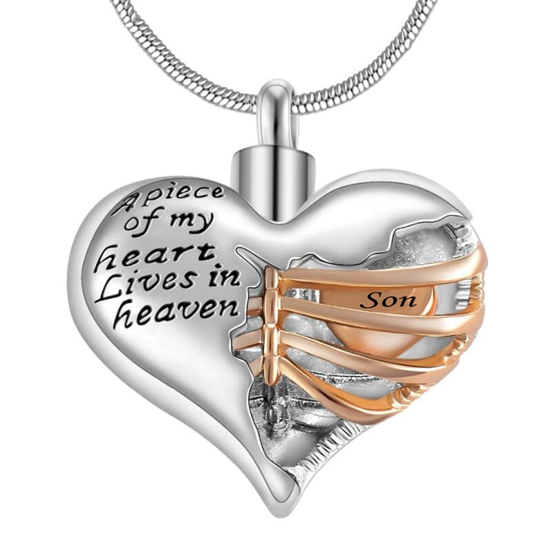 A piece of my heart lives in heaven Two Tone Locket Heart cremation memorial ashes urn necklace jewelry keepsake pendant