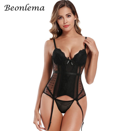 Beonlema Women Plus Size Sexy Lingerie Red Corset Bustiers Erotic Lace Underwear Mesh Bodice Tops Blue Black Corsage S-6XL