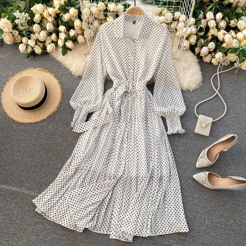 Spring And Summer French Vintage Maxi Dress 2021 Sundress Ladies Long Sleeve Orange Polka Dot Chiffon Pleated Dresses Femme Robe