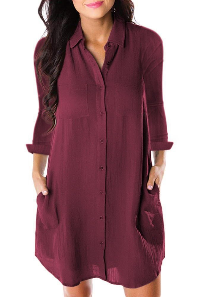 Solid color pocket loose casual long sleeve shirt dress Women Loose Solid Dresses Turn Down Casual Ladies Office Shirt Dresses