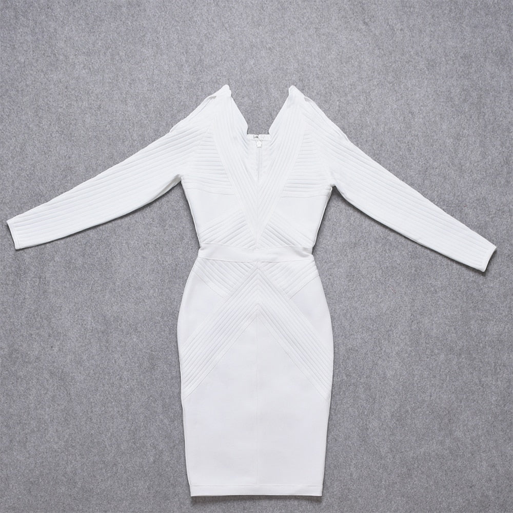 BEAUKEY New White HL Bandage Dress Long Sleeve Hollow Out 2019 Sexy Women V Neck Geometric Party Dress Plus Size XL wholesale