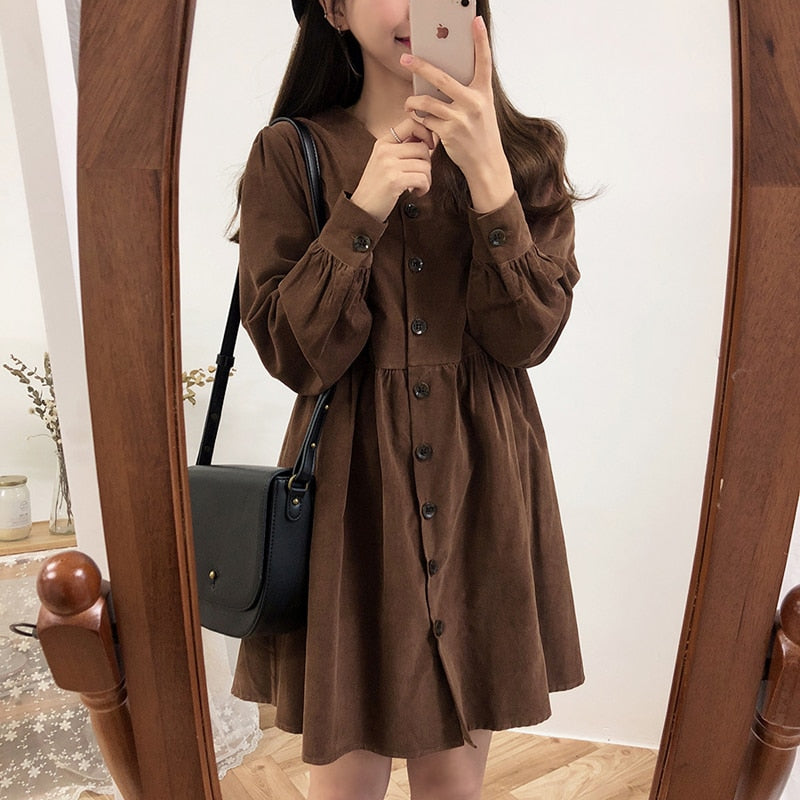 Cute Sweet Dresses Hot Sales Women Fashion Flhjlwoc Retro V Neck Vintage Preppy Style Girls Casual Loose Mini Button Shirt Dress