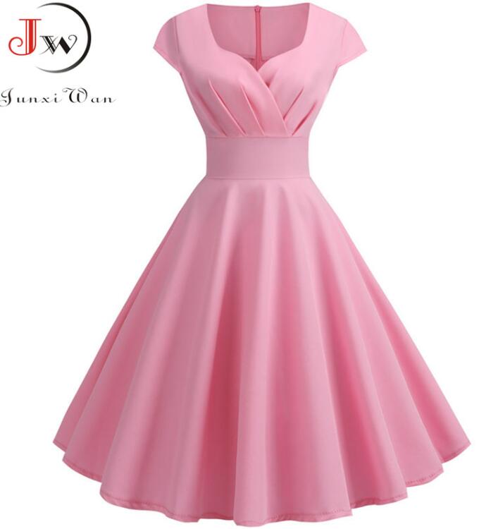Pink Summer Dress Women V Neck Big Swing Vintage Dress Robe Femme Elegant Retro pin up Party Office Midi Dresses Plus Size