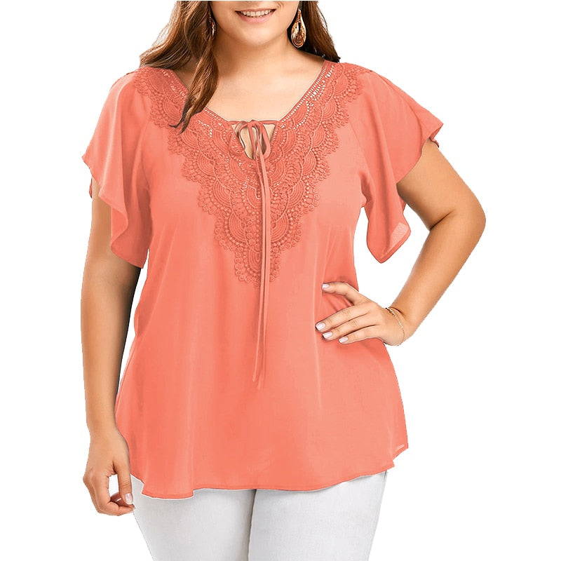 Plegie Plus Size Lace Patchwork Shirt Womens Tops And Blouses Short Sleeve Big Size Blusas Femininas Blusas Mujer De Moda 2021