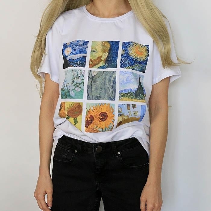 kuakuayu HJN Van Gogh Painting Vintage Fashion Aesthetic White T-Shirt 90s Cute Art Tee Hipster Grunge Top