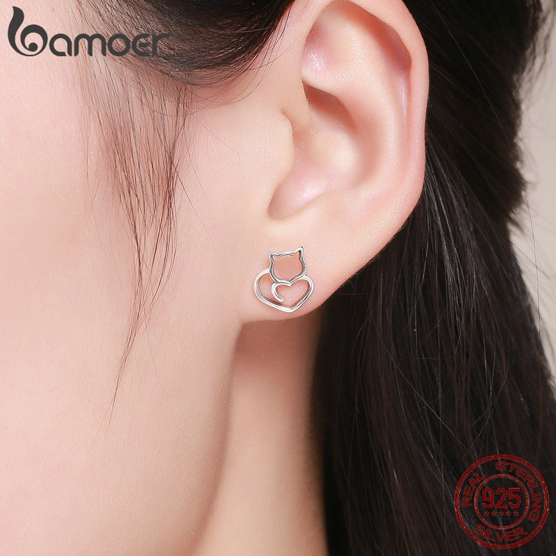 BAMOER 100% 925 Sterling Silver Lovely Pussy Cat Women Jewelry Set Necklace Earrings Jewelry Sets Sterling Silver Jewelry Gift