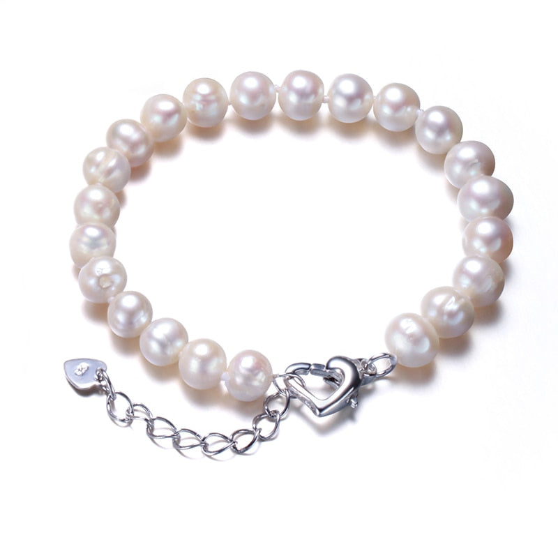 HENGSHENG Real Natural Near Round Pearl Jewelry Bracelet,925 Sterling Silver Love Buckle,7-8mm Beads Jewelry,Fine Women Jewelry