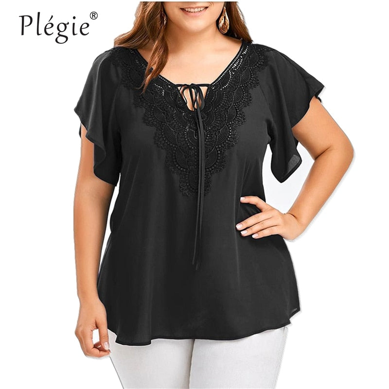 Plegie Plus Size Lace Patchwork Shirt Womens Tops And Blouses Short Sleeve Big Size Blusas Femininas Blusas Mujer De Moda 2021