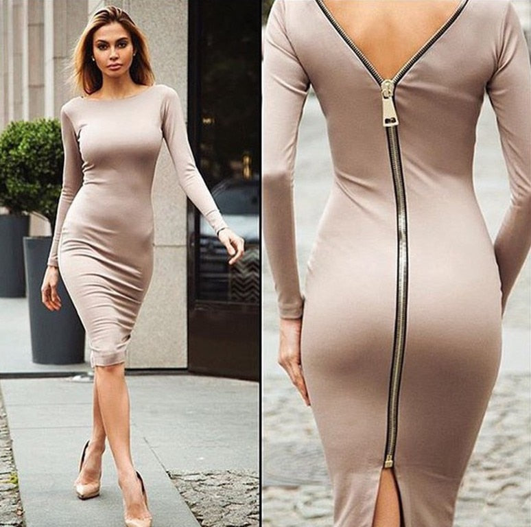 Spring new large size Bodycon dress Solid Color Round neck long sleeve Back zipper tight dress Female Fashion Clothes D1240