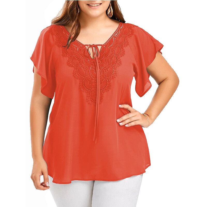 Plegie Plus Size Lace Patchwork Shirt Womens Tops And Blouses Short Sleeve Big Size Blusas Femininas Blusas Mujer De Moda 2021