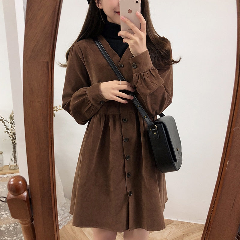 Cute Sweet Dresses Hot Sales Women Fashion Flhjlwoc Retro V Neck Vintage Preppy Style Girls Casual Loose Mini Button Shirt Dress