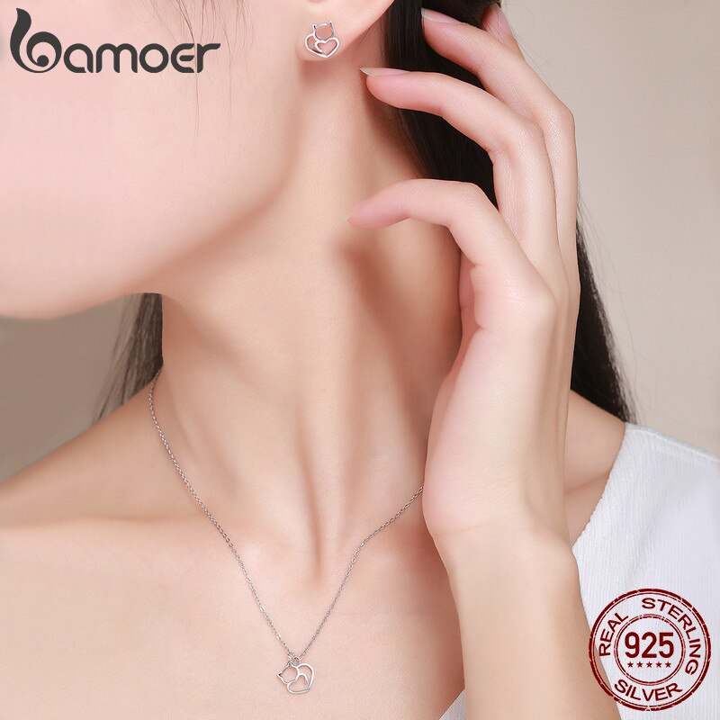 BAMOER 100% 925 Sterling Silver Lovely Pussy Cat Women Jewelry Set Necklace Earrings Jewelry Sets Sterling Silver Jewelry Gift
