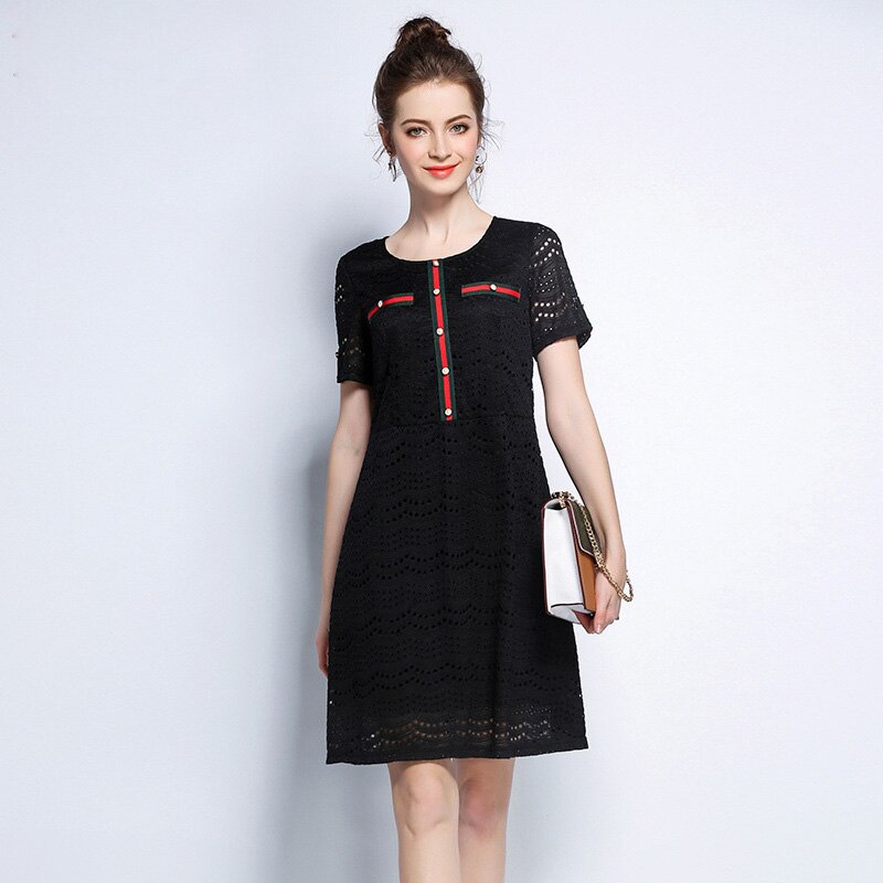 Fress Shipping 5XL New Summer Women's Black Patchwork Lace Short Sleeve Dress Female Plus Size Fashion Casual Dresses vestidos