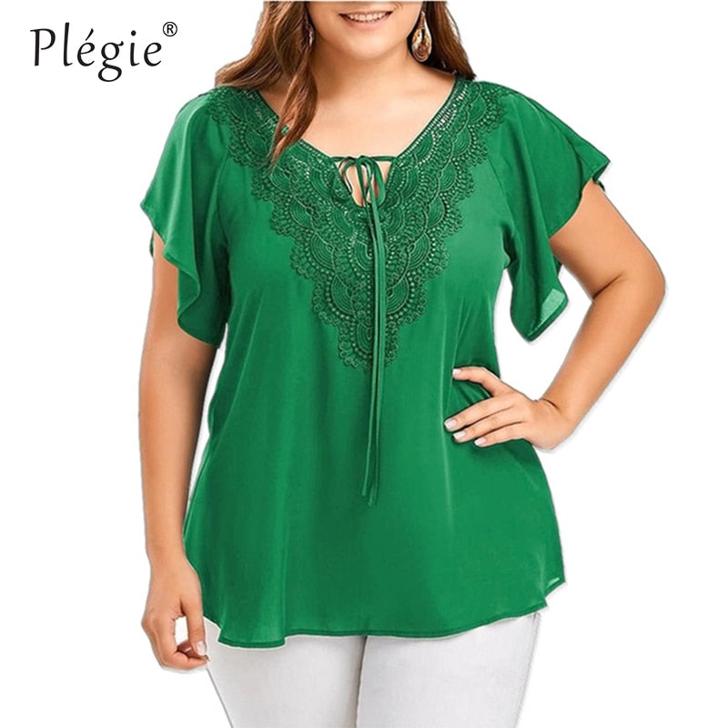 Plegie Plus Size Lace Patchwork Shirt Womens Tops And Blouses Short Sleeve Big Size Blusas Femininas Blusas Mujer De Moda 2021