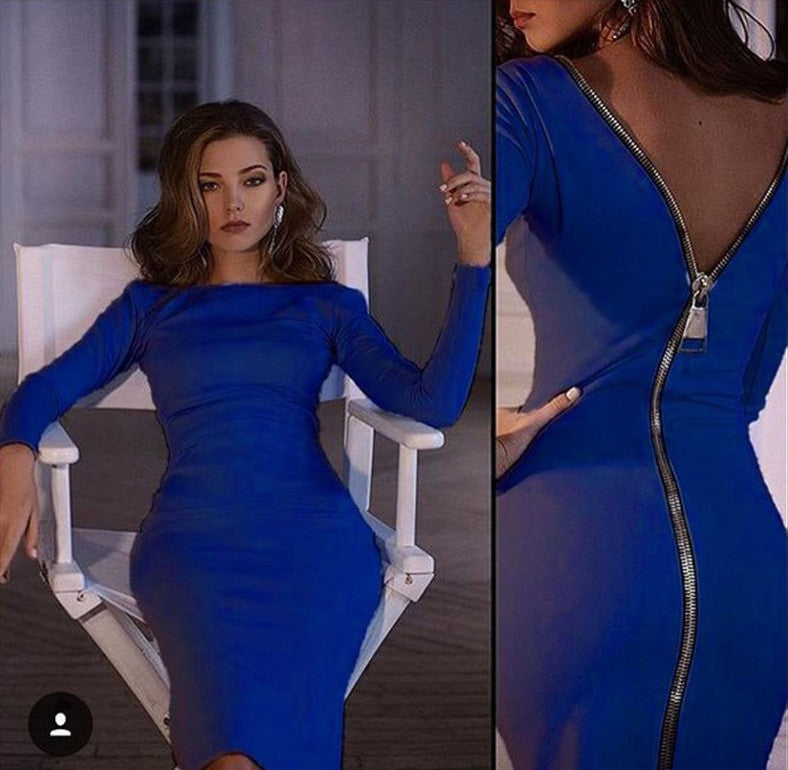 Spring new large size Bodycon dress Solid Color Round neck long sleeve Back zipper tight dress Female Fashion Clothes D1240