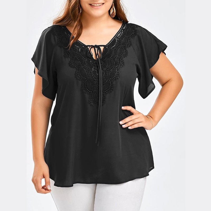 Plegie Plus Size Lace Patchwork Shirt Womens Tops And Blouses Short Sleeve Big Size Blusas Femininas Blusas Mujer De Moda 2021