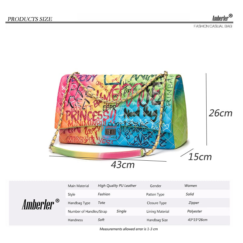 Amberler Luxury Designer PU Leather Women Shoulder Bag Large Capacity Ladies Chain Printed Crossbody Bags Fashion Female Handbag