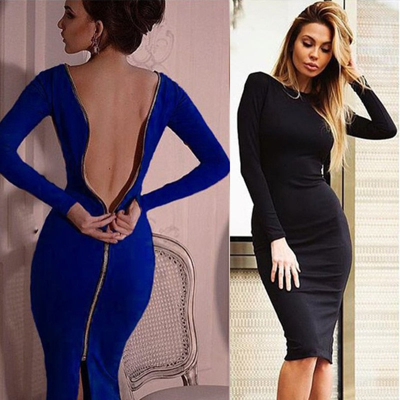 Spring new large size Bodycon dress Solid Color Round neck long sleeve Back zipper tight dress Female Fashion Clothes D1240