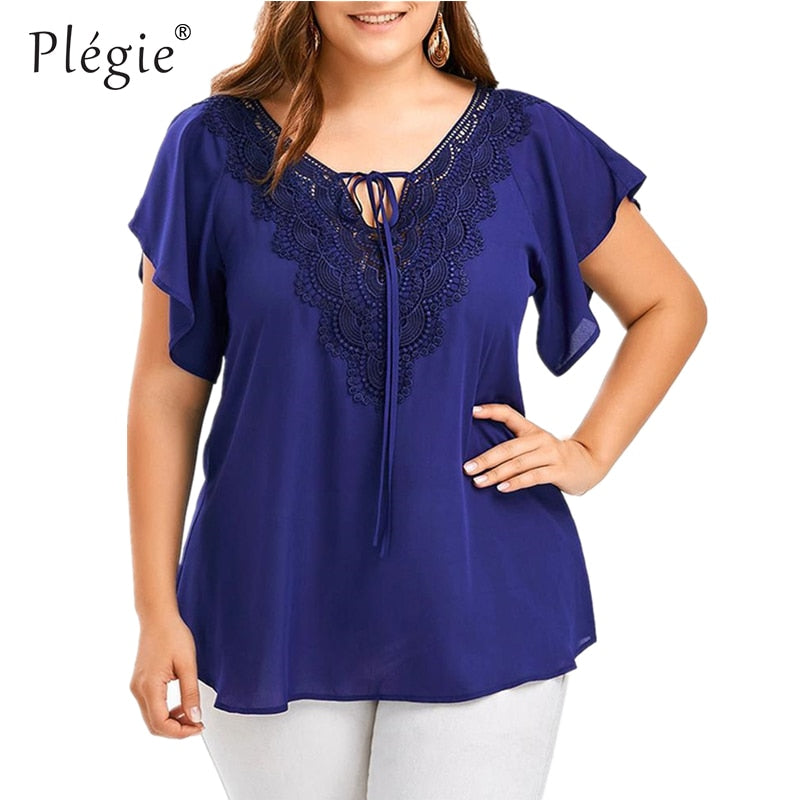 Plegie Plus Size Lace Patchwork Shirt Womens Tops And Blouses Short Sleeve Big Size Blusas Femininas Blusas Mujer De Moda 2021