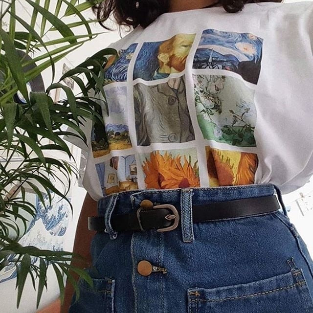 kuakuayu HJN Van Gogh Painting Vintage Fashion Aesthetic White T-Shirt 90s Cute Art Tee Hipster Grunge Top