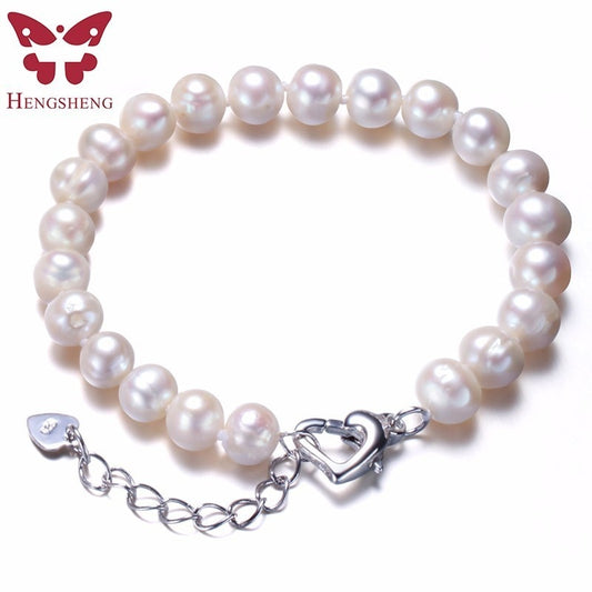 HENGSHENG Real Natural Near Round Pearl Jewelry Bracelet,925 Sterling Silver Love Buckle,7-8mm Beads Jewelry,Fine Women Jewelry