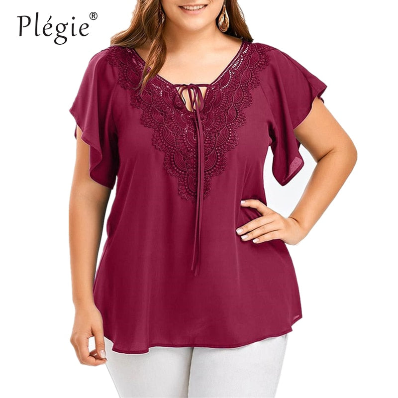 Plegie Plus Size Lace Patchwork Shirt Womens Tops And Blouses Short Sleeve Big Size Blusas Femininas Blusas Mujer De Moda 2021