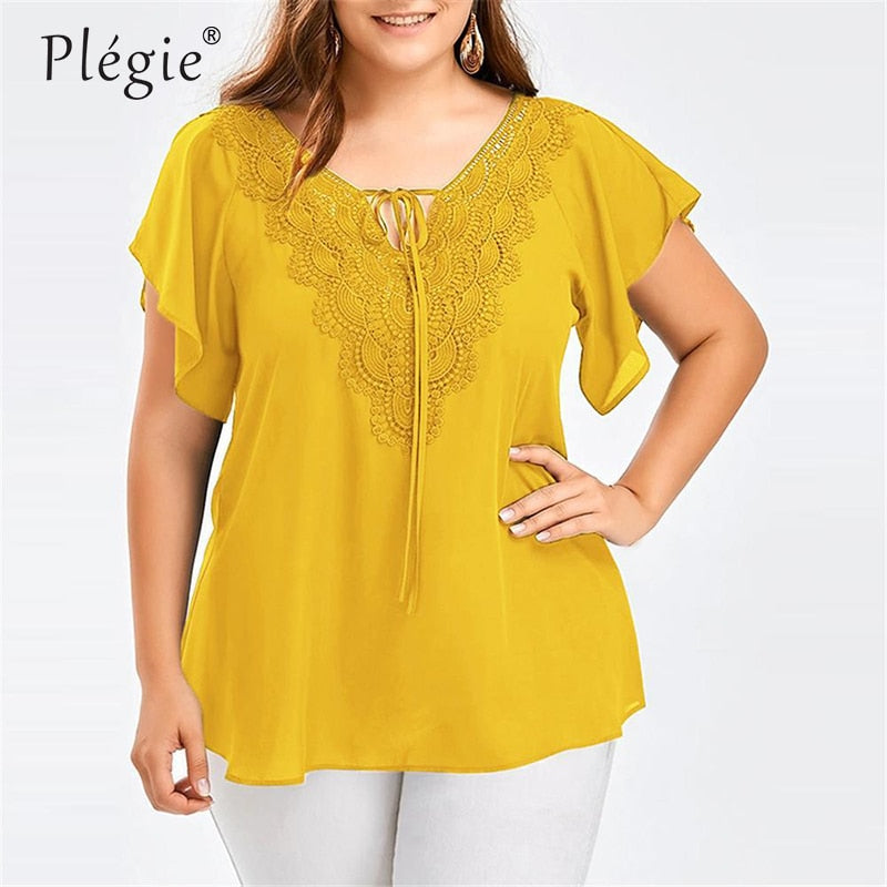 Plegie Plus Size Lace Patchwork Shirt Womens Tops And Blouses Short Sleeve Big Size Blusas Femininas Blusas Mujer De Moda 2021