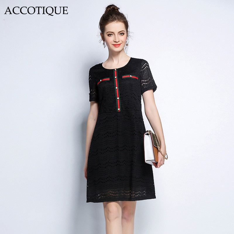 Fress Shipping 5XL New Summer Women's Black Patchwork Lace Short Sleeve Dress Female Plus Size Fashion Casual Dresses vestidos