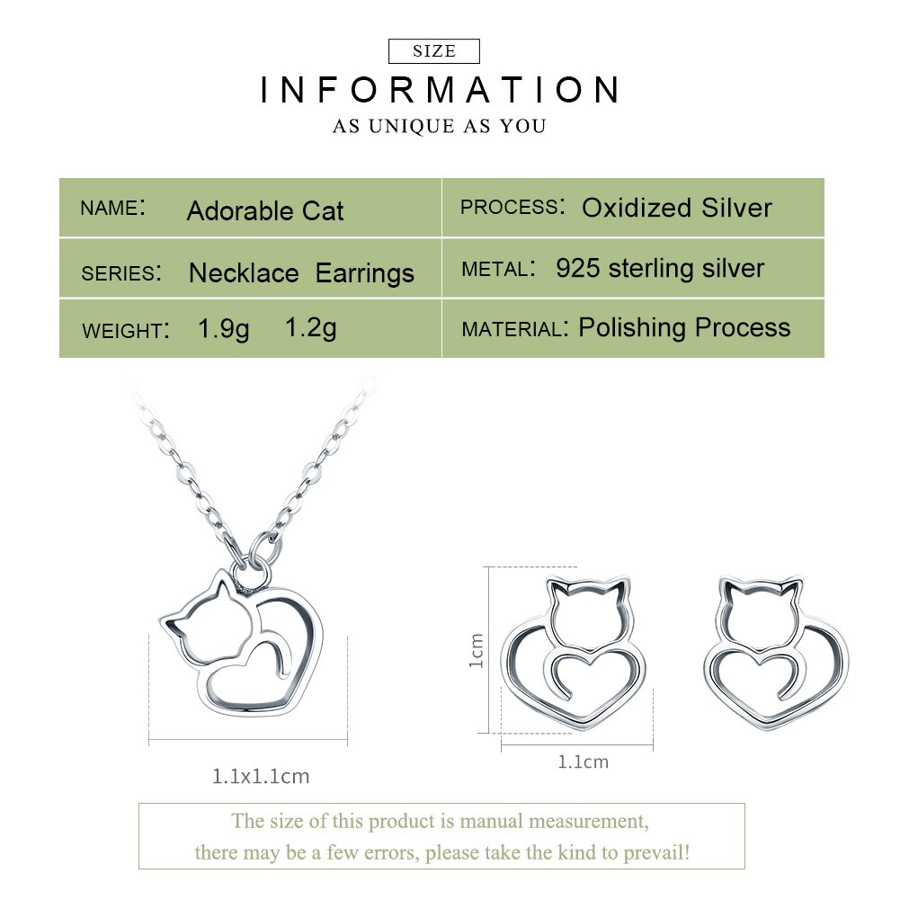 BAMOER 100% 925 Sterling Silver Lovely Pussy Cat Women Jewelry Set Necklace Earrings Jewelry Sets Sterling Silver Jewelry Gift