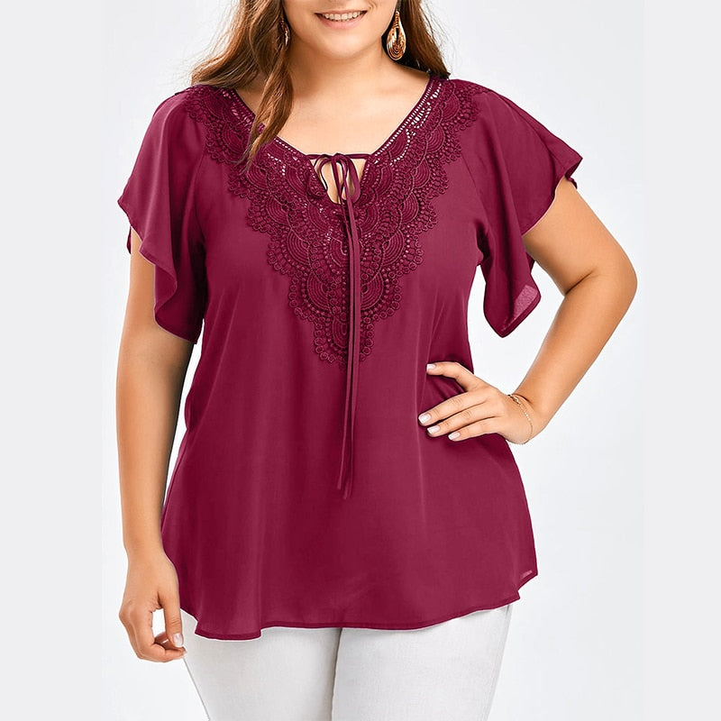 Plegie Plus Size Lace Patchwork Shirt Womens Tops And Blouses Short Sleeve Big Size Blusas Femininas Blusas Mujer De Moda 2021