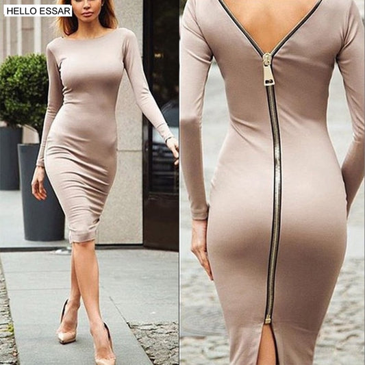 Spring new large size Bodycon dress Solid Color Round neck long sleeve Back zipper tight dress Female Fashion Clothes D1240