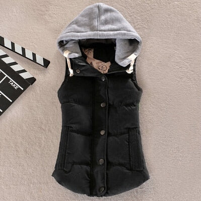 Plus Size 6XL Women Vest Winter Coat  Ladies Gilet Colete Feminino Casual Pocket Hooded Waistcoat Female Sleeveless Jacket