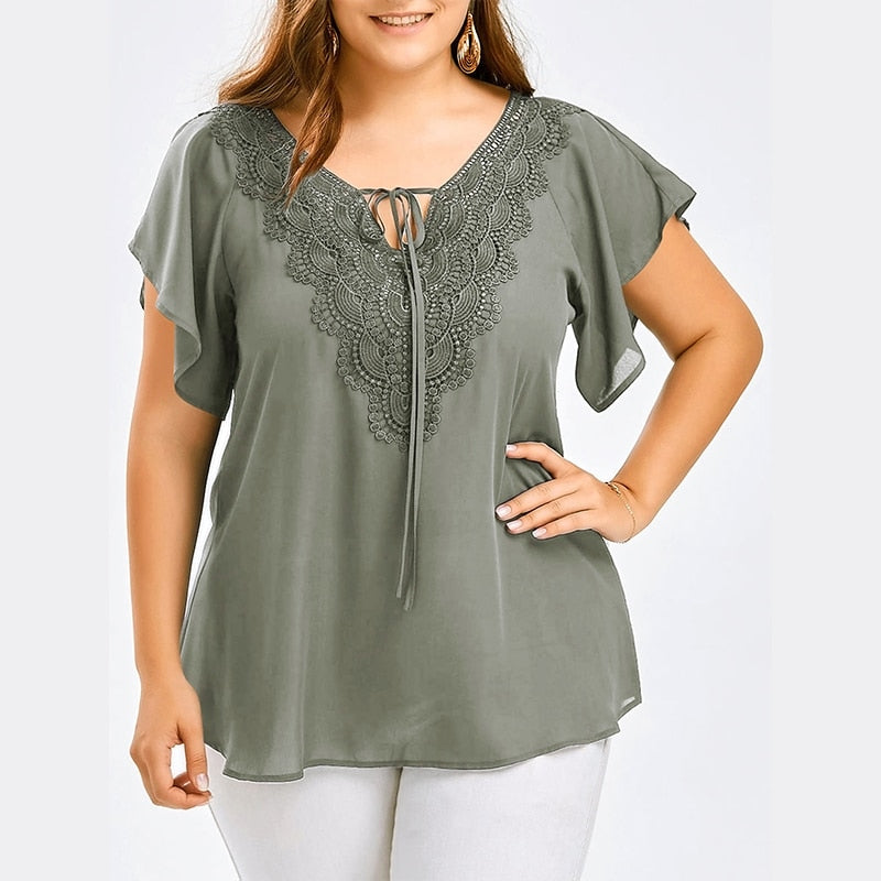 Plegie Plus Size Lace Patchwork Shirt Womens Tops And Blouses Short Sleeve Big Size Blusas Femininas Blusas Mujer De Moda 2021