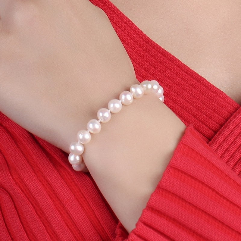 HENGSHENG Real Natural Near Round Pearl Jewelry Bracelet,925 Sterling Silver Love Buckle,7-8mm Beads Jewelry,Fine Women Jewelry